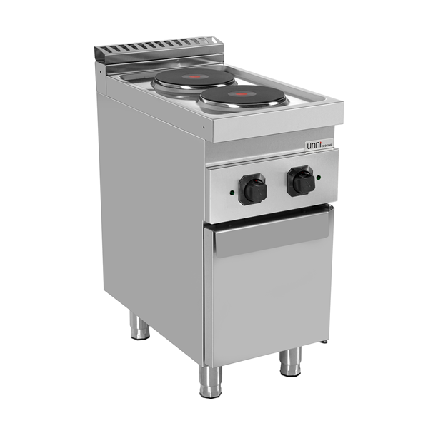 Fourneau électrique sur meuble avec portes 2 plaques fonte - 5,2 kW - 400 V - L 400 x P 700 x H 850 mm - Unninox