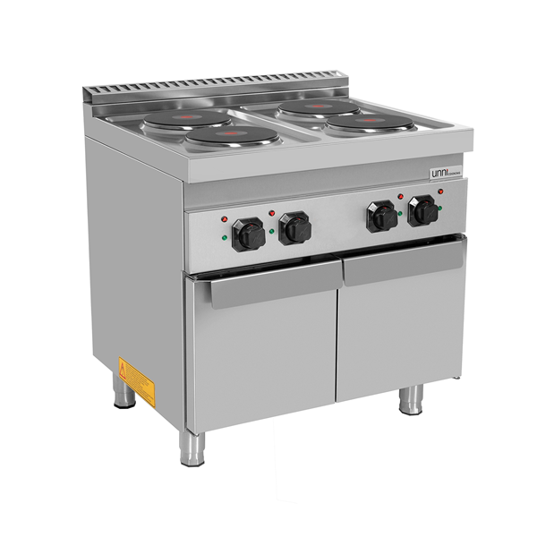 Fourneau électrique sur meuble avec portes 4 plaques fonte - 10,4 kW - 400 V - L 800 x P 700 x H 850 mm - Unninox