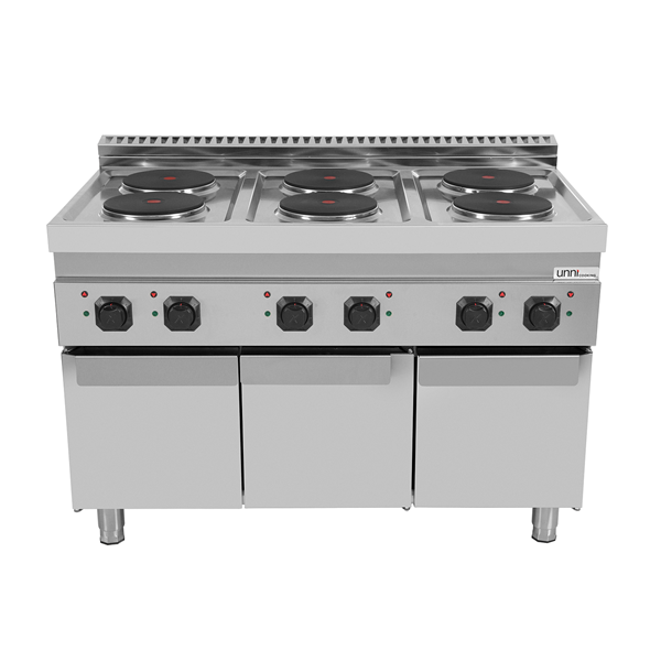 Fourneau électrique sur meuble avec portes 6 plaques fonte - 15,6 kW - 400 V - L 1200 x P 700 x H 850 mm - Unninox