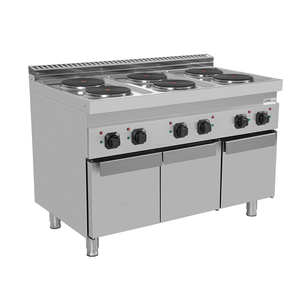 Fourneau électrique sur meuble avec portes 6 plaques fonte - 15,6 kW - 400 V - L 1200 x P 700 x H 850 mm - Unninox