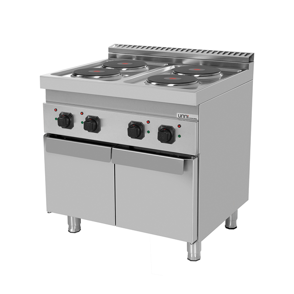 Fourneau électrique sur meuble avec portes 4 plaques fonte - 10,4 kW - 400 V - L 800 x P 700 x H 850 mm - Unninox