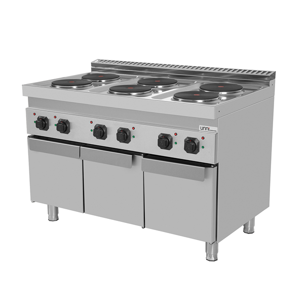 Fourneau électrique sur meuble avec portes 6 plaques fonte - 15,6 kW - 400 V - L 1200 x P 700 x H 850 mm - Unninox