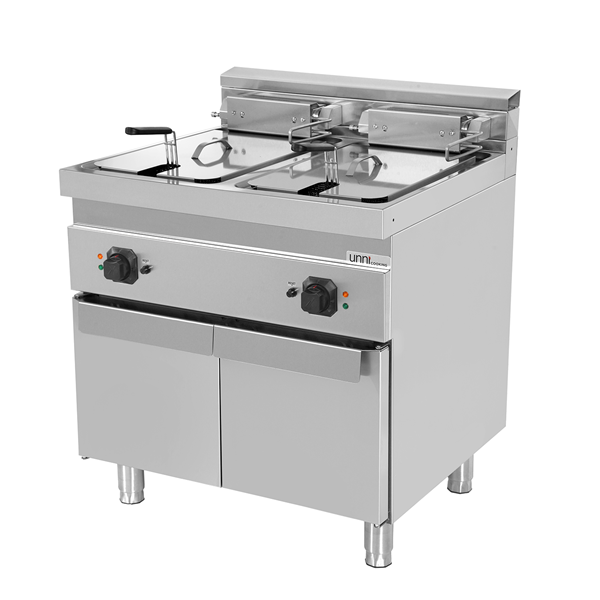 Friteuse électrique sur meuble 2 cuves 2 x 10 L - L 800 x P 700 x H 850/900 mm - 18 kW 400 V - Unninox