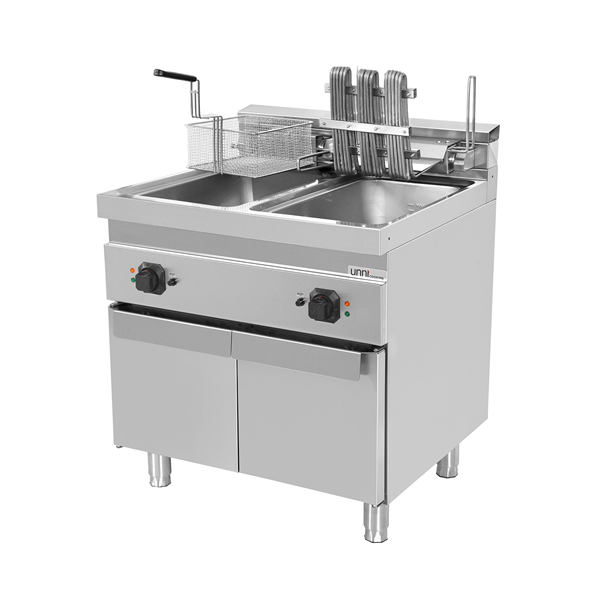 Friteuse électrique sur meuble 2 cuves 2 x 10 L - L 800 x P 700 x H 850/900 mm - 18 kW 400 V - Unninox