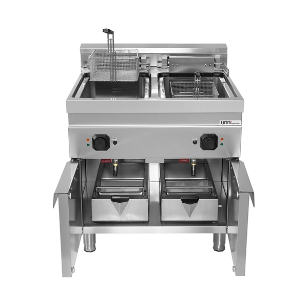 Friteuse électrique sur meuble 2 cuves 2 x 10 L - L 800 x P 700 x H 850/900 mm - 18 kW 400 V - Unninox