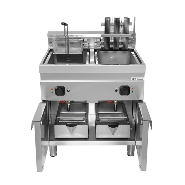Friteuse électrique sur meuble 2 cuves 2 x 10 L - L 800 x P 700 x H 850/900 mm - 18 kW 400 V - Unninox