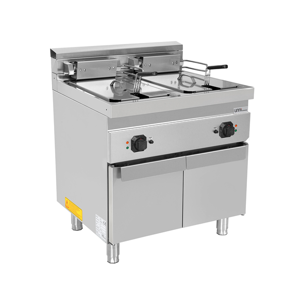 Friteuse électrique sur meuble 2 cuves 2 x 10 L - L 800 x P 700 x H 850/900 mm - 18 kW 400 V - Unninox