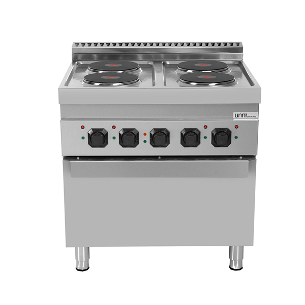 Fourneau électrique 4 plaques fonte sur four électrique à convection - 400 V - L 800 x P 700 x H 850 mm - Unninox