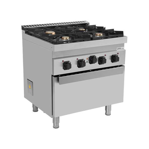 Fourneau gaz 4 feux vifs sur four électrique à convection - L 800 x P 700 x H 850 mm - Unninox