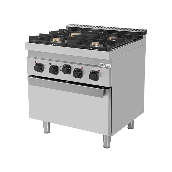 Fourneau gaz 4 feux vifs sur four électrique à convection - L 800 x P 700 x H 850 mm - Unninox