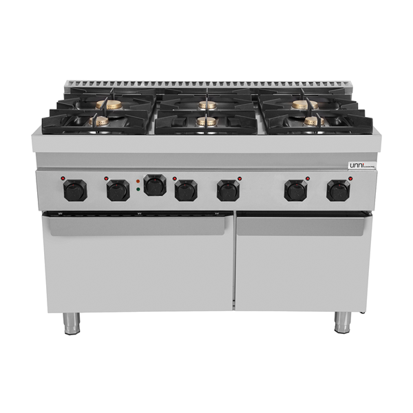 Fourneau gaz 6 feux vifs sur four électrique à convection - L 1200 x P 700 x H 850 mm - Unninox