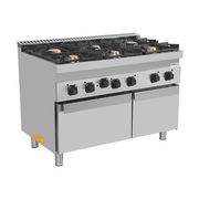 Fourneau gaz 6 feux vifs sur four électrique à convection - L 1200 x P 700 x H 850 mm - Unninox