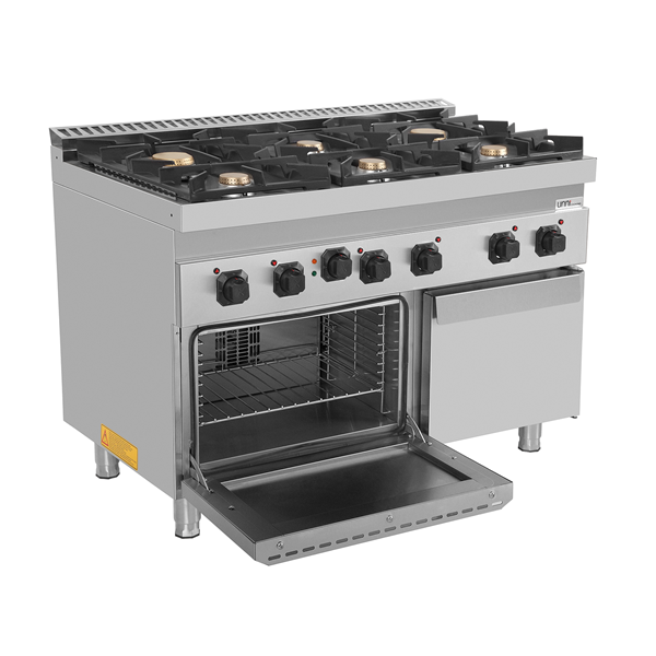 Fourneau gaz 6 feux vifs sur four électrique à convection - L 1200 x P 700 x H 850 mm - Unninox