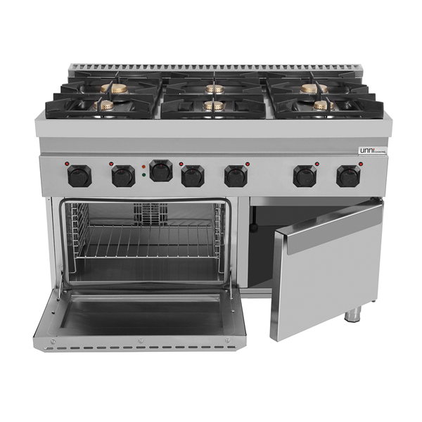 Fourneau gaz 6 feux vifs sur four électrique à convection - L 1200 x P 700 x H 850 mm - Unninox