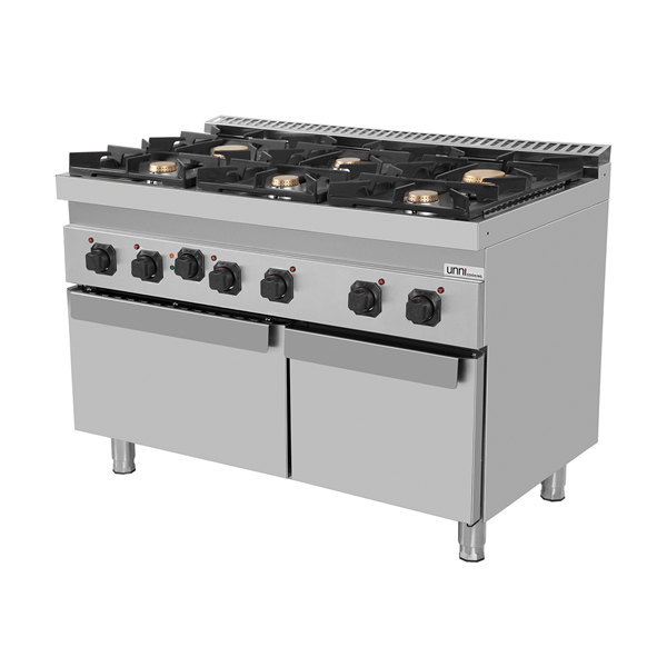 Fourneau gaz 6 feux vifs sur four électrique à convection - L 1200 x P 700 x H 850 mm - Unninox