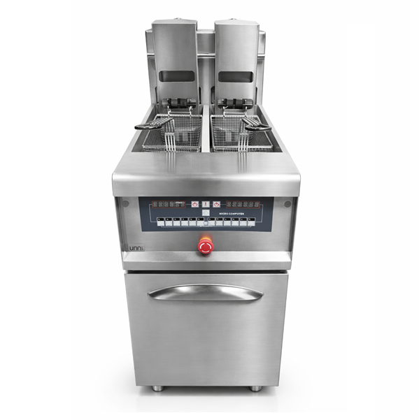 Friteuse électrique digitale sur pieds 2 x 13,5 L relevage automatique des paniers - 18 kW 400 V - Unninox