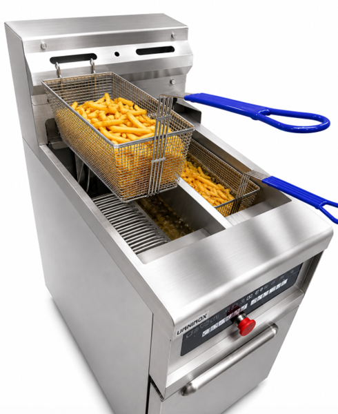 Friteuse électrique digitale sur pieds 2 x 13,5 L - 18 kW 400 V - L 400 x P 825 x H 920 mm - Unninox