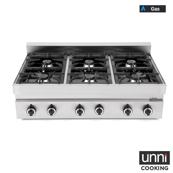 Fourneau gaz 6 feux vifs - L 1100 x P 650 x H 320 mm - 39 kW - Unninox