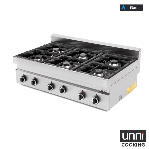Fourneau gaz 6 feux vifs - L 1100 x P 650 x H 320 mm - 39 kW - Unninox