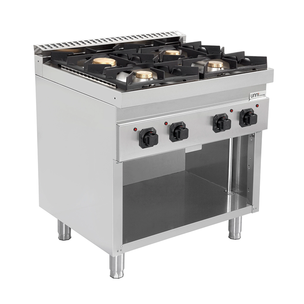 Fourneau gaz sur meuble ouvert 4 feux vifs - 28,5 kW - L 800 x P 700 x H 850 mm - Unninox