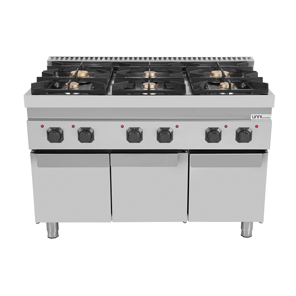 Fourneau gaz sur meuble avec portes 6 feux vifs - 44 kW - L 1200 x P 700 x H 850 mm - Unninox