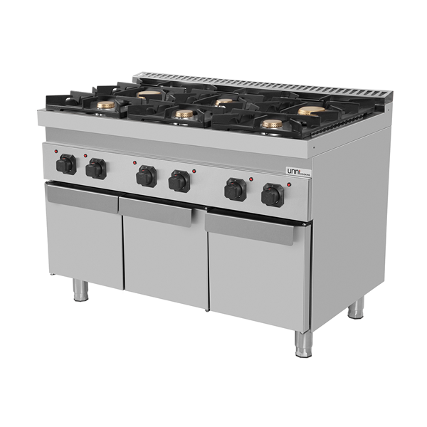 Fourneau gaz sur meuble avec portes 6 feux vifs - 44 kW - L 1200 x P 700 x H 850 mm - Unninox