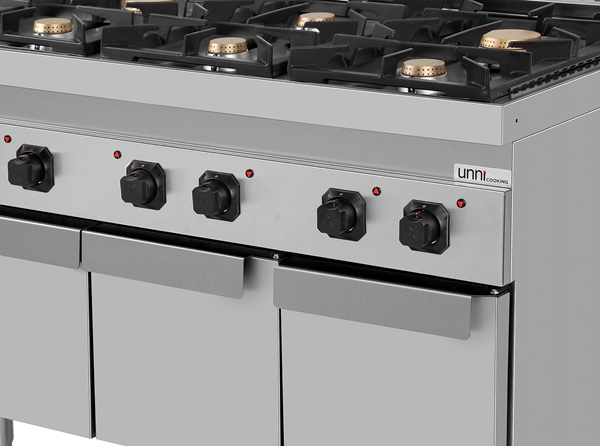 Fourneau gaz sur meuble avec portes 6 feux vifs - 44 kW - L 1200 x P 700 x H 850 mm - Unninox