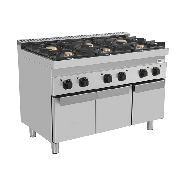 Fourneau gaz sur meuble avec portes 6 feux vifs - 44 kW - L 1200 x P 700 x H 850 mm - Unninox