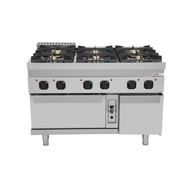 Fourneau gaz 6 feux vifs sur four gaz statique GN 2/1 - L 1200 x P 700 x H 850 mm - Unninox