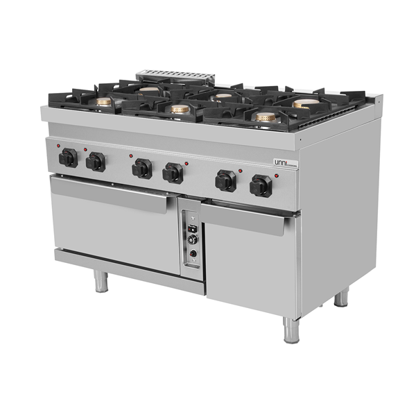 Fourneau gaz 6 feux vifs sur four gaz statique GN 2/1 - L 1200 x P 700 x H 850 mm - Unninox