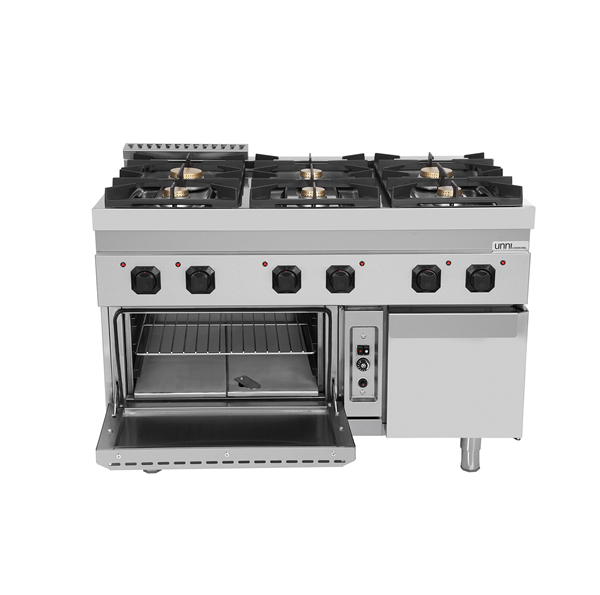 Fourneau gaz 6 feux vifs sur four gaz statique GN 2/1 - L 1200 x P 700 x H 850 mm - Unninox