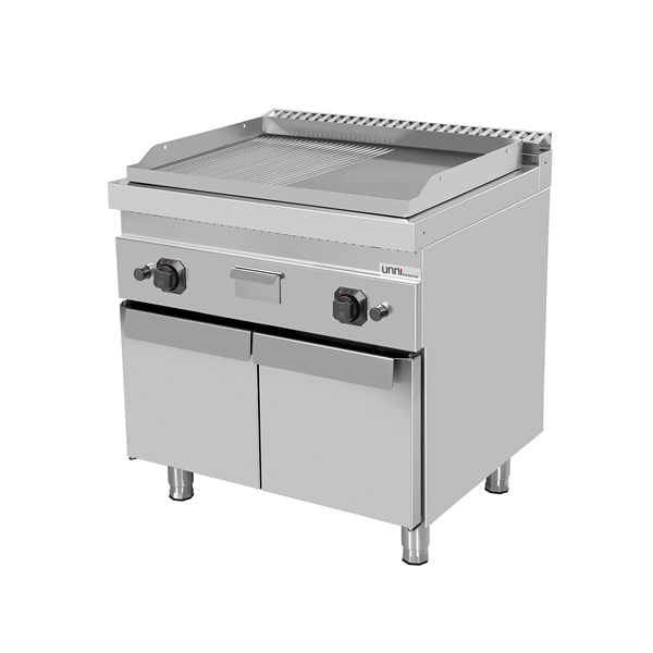Plancha gaz sur meuble - plaque moitié lisse moitié rainurée - 13 kW - L 800 x P 700 x H 850 mm - Unninox