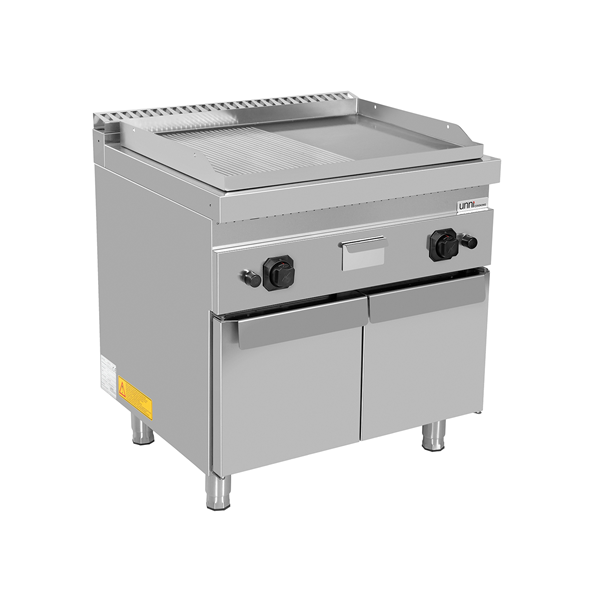 Plancha gaz sur meuble - plaque moitié lisse moitié rainurée - 13 kW - L 800 x P 700 x H 850 mm - Unninox