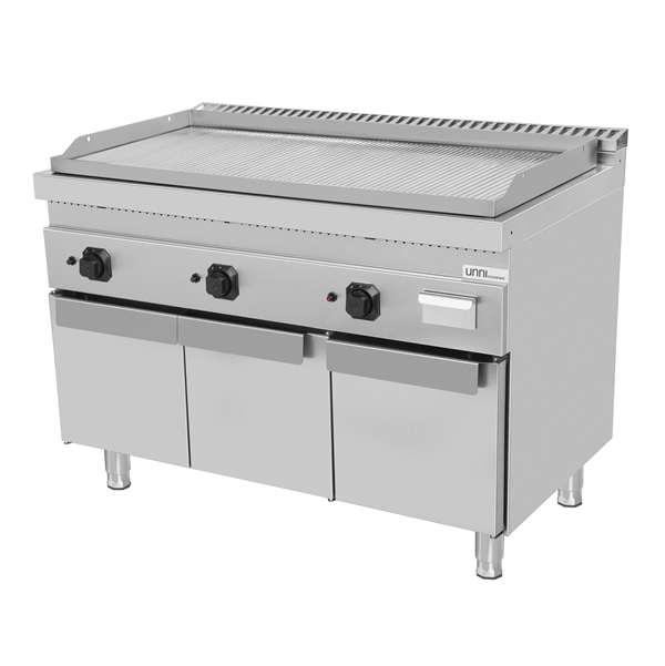 Plancha gaz triple sur meuble - plaque rainurée chromée - L 1200 x P 700 x H 850 mm - Unninox