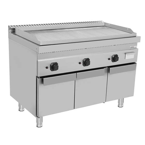 Plancha gaz triple sur meuble - plaque rainurée chromée - L 1200 x P 700 x H 850 mm - Unninox