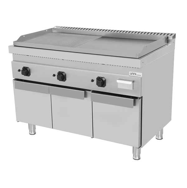 Plancha gaz triple sur meuble - plaque rainurée et lisse - 19,5 kW - L 1200 x P 700 x H 850 mm - Unninox