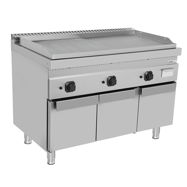 Plancha gaz triple sur meuble - plaque rainurée et lisse - 19,5 kW - L 1200 x P 700 x H 850 mm - Unninox