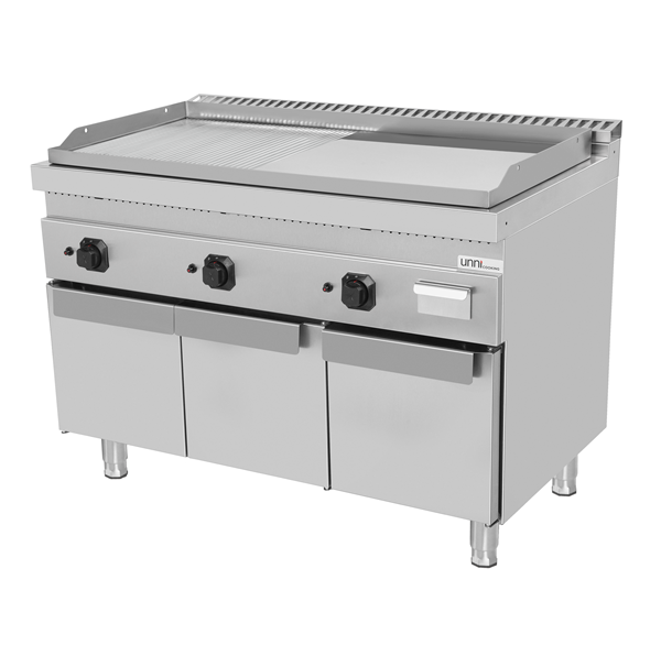 Plancha gaz triple sur meuble - plaque rainurée et lisse chromée - 19,5 kW - L 1200 x P 700 x H 850 mm - Unninox
