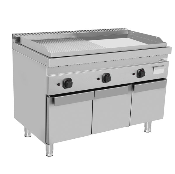 Plancha gaz triple sur meuble - plaque rainurée et lisse chromée - 19,5 kW - L 1200 x P 700 x H 850 mm - Unninox