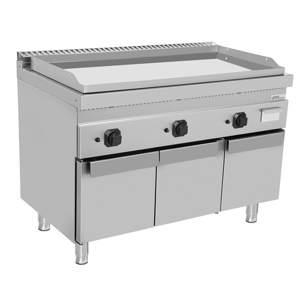 Plancha gaz triple sur meuble - plaque chromée - 19,5 kW - L 1200 x P 700 x H 850 mm - Unninox