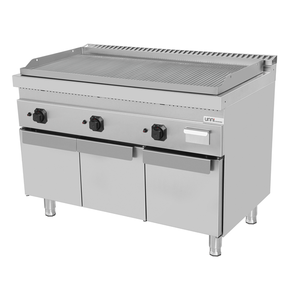 Plancha gaz triple sur meuble - plaque rainurée - 19,5 kW - L 1200 x P 700 x H 850 mm - Unninox