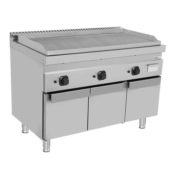 Plancha gaz triple sur meuble - plaque rainurée - 19,5 kW - L 1200 x P 700 x H 850 mm - Unninox