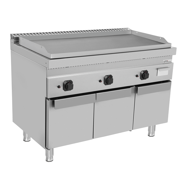 Plancha gaz triple sur meuble - plaque lisse - 19,5 kW - L 1200 x P 700 x H 850 mm - Unninox