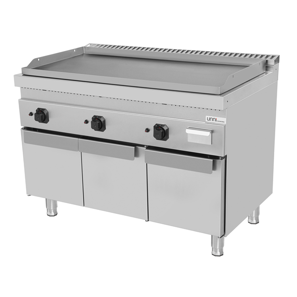 Plancha gaz triple sur meuble - plaque lisse - 19,5 kW - L 1200 x P 700 x H 850 mm - Unninox
