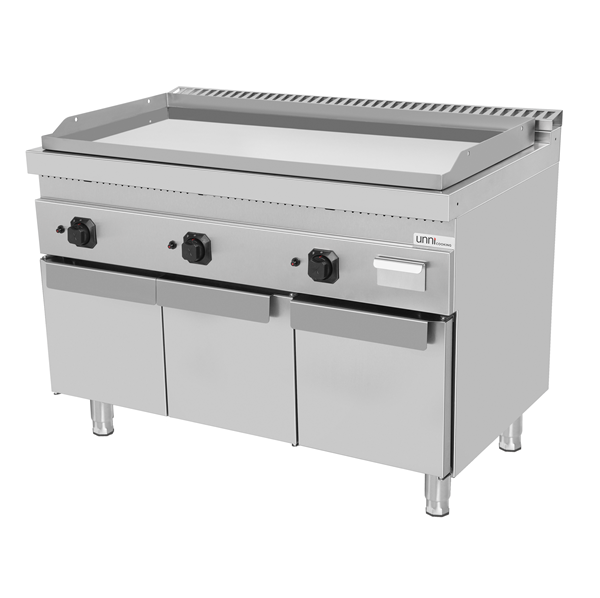 Plancha gaz triple sur meuble - plaque chromée - 19,5 kW - L 1200 x P 700 x H 850 mm - Unninox