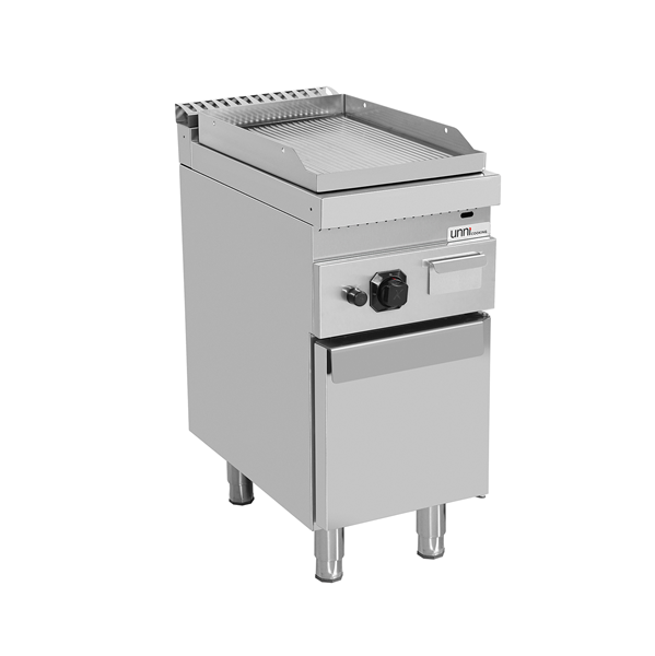 Plancha gaz sur meuble - plaque rainurée chromée - 6,5 kW - L 400 x P 700 x H 850 mm - Unninox