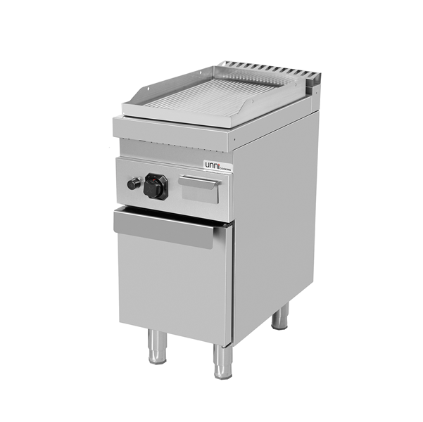 Plancha gaz sur meuble - plaque rainurée chromée - 6,5 kW - L 400 x P 700 x H 850 mm - Unninox