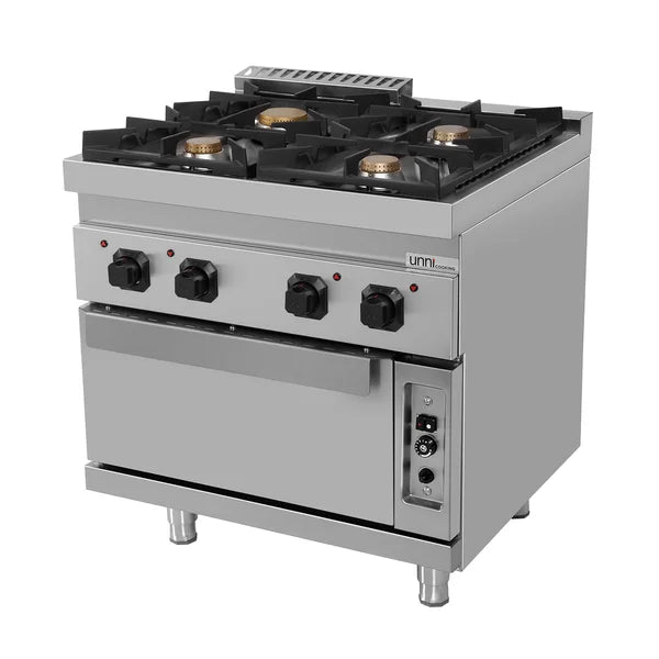 Fourneau gaz 4 feux vifs sur four gaz statique GN 2/1 - L 800 x P 700 x H 850 mm - Unninox