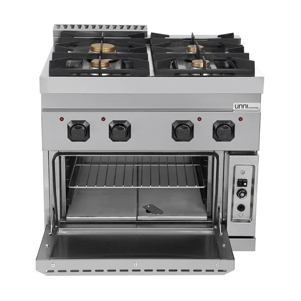 Fourneau gaz 4 feux vifs sur four gaz statique GN 2/1 - L 800 x P 700 x H 850 mm - Unninox