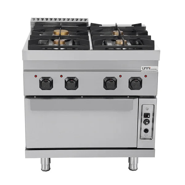 Fourneau gaz 4 feux vifs sur four gaz statique GN 2/1 - L 800 x P 700 x H 850 mm - Unninox